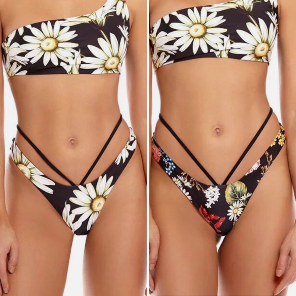 Agua Bendita Egle Moss REVERSIBLE Daisy Floral Strappy Bikini‎ Bottom XL NEW